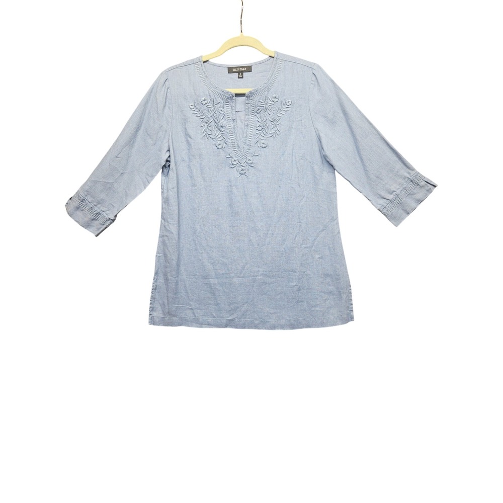 Ellen Tracy Womens Light Blue 100% Linen Embroidered Split V-Neck Tunic Top S